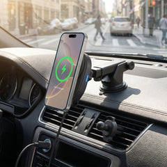 Magnetic Wireless Car Phone Mount – MagSafe-Compatible 15W Fast Charging Mount with Retractable USB-C Cable, Vent, Dashboard & Windshield Mount Kit | Black