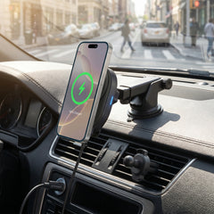 Mag Grip Magnetic Wireless Car Phone Mount – MagSafe-Compatible 15W Fast Charging Mount with Retractable USB-C Cable, Vent, Dashboard & Windshield Mount Kit | Black
