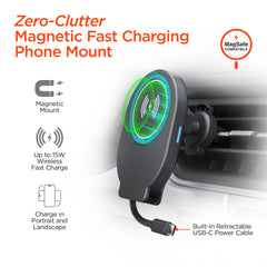 Magnetic Wireless Car Phone Mount – MagSafe-Compatible 15W Fast Charging Mount with Retractable USB-C Cable, Vent, Dashboard & Windshield Mount Kit | Black