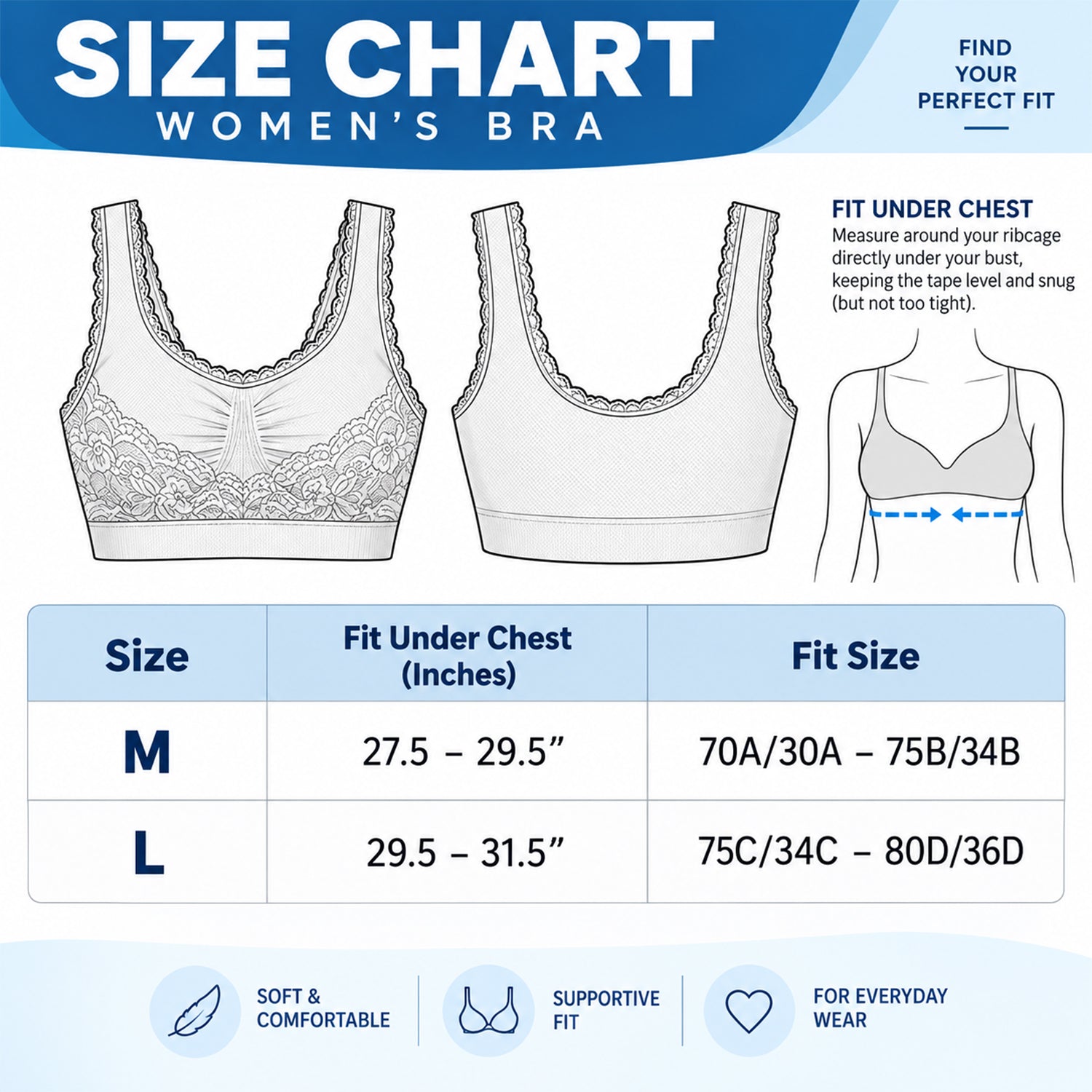 3-Pack Floral Lace Bralettes, Stretch Pull-On Layering Bras, Medium or Large