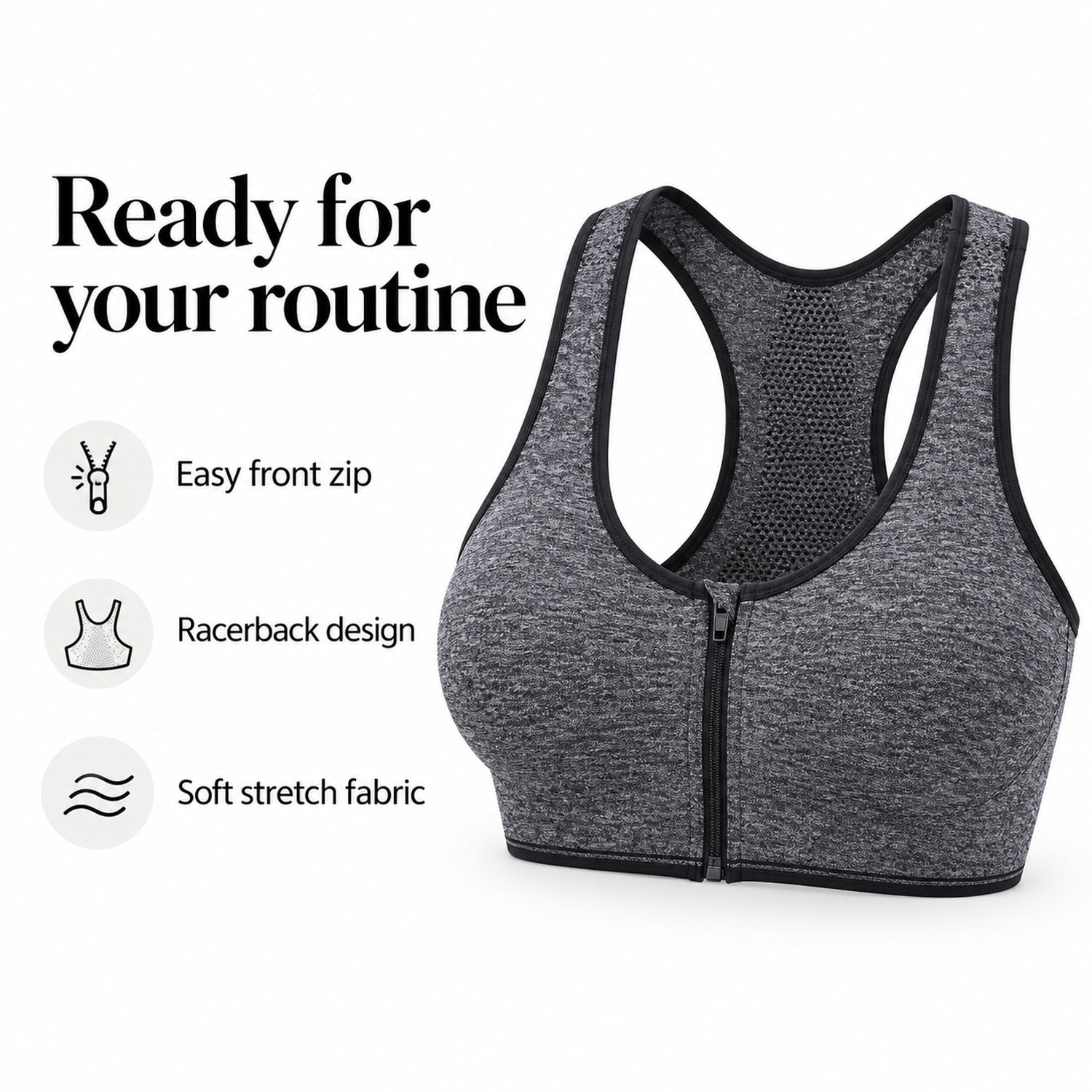 3-Pack Front-Zip Sports Bras, Workout Support with Hook-and-Eye Closure