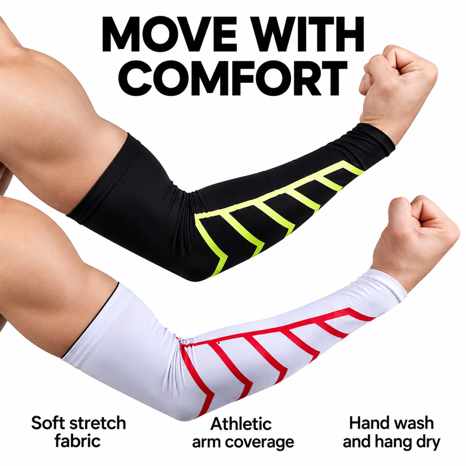 Arm Compression Sleeves, Soft Stretch Activewear Support, Black or White, 1 Pair