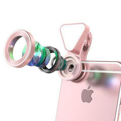 3-in-1 Phone Camera Lens Kit with 10 LED Selfie Light – Wide Angle 0.4X–0.6X + 15X Macro Lens – Universal Clip-On Smartphone Lens Set for Travel