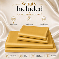 4-Piece Satin Bed Sheet Set – Silky Soft 100% Polyester Satin Sheets with 14-Inch Deep Pocket Fitted Sheet, Hypoallergenic 90 GSM Bedding Set, Full, Queen & King