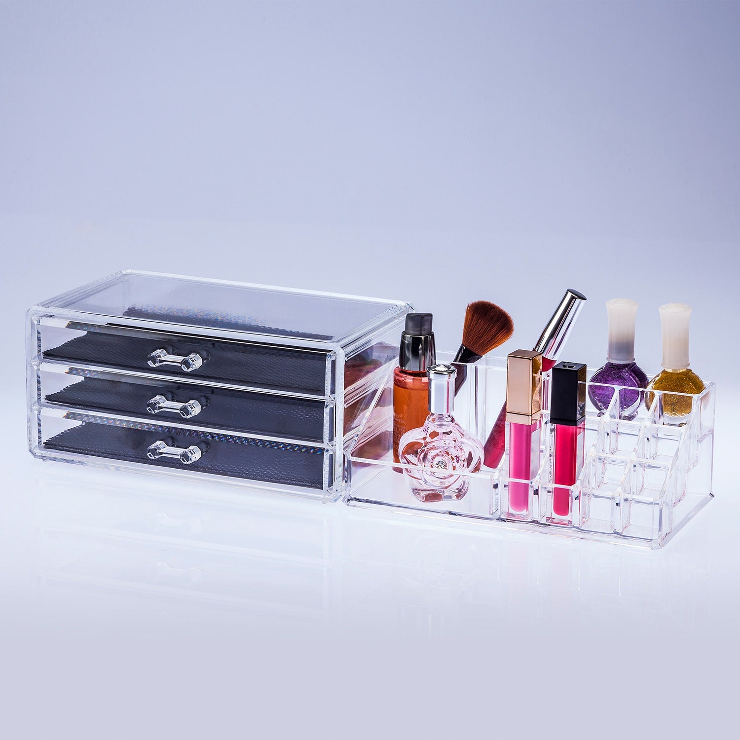 Clear Acrylic Makeup & Jewelry Organizer, 3 Drawers with Removable Liners