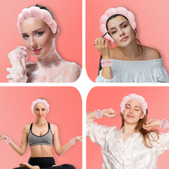3-Pack Fluffy Spa Headband & Wristband Set – Cute Bubble Design for Face Washing, Skincare Routine, Makeup