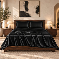 4-Piece Satin Bed Sheet Set – Silky Soft 100% Polyester Satin Sheets with 14-Inch Deep Pocket Fitted Sheet, Hypoallergenic 90 GSM Bedding Set, Full, Queen & King
