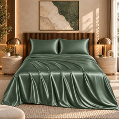 4-Piece Satin Bed Sheet Set – Silky Soft 100% Polyester Satin Sheets with 14-Inch Deep Pocket Fitted Sheet, Hypoallergenic 90 GSM Bedding Set, Full, Queen & King