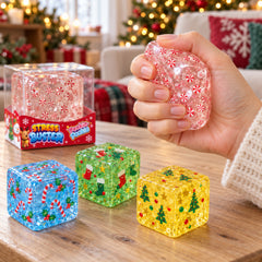 Christmas Squishy Stress Cube – Soft TPR Holiday Sensory Fidget Toy, Assorted Festive Designs for Desk, Stocking Stuffers, Christmas Party Favors & Gift Baskets