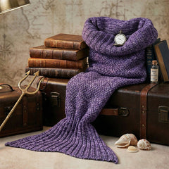 Knitted Mermaid Tail Blanket for Kids & Adults, Cozy Lounge & Reading Lap Cover