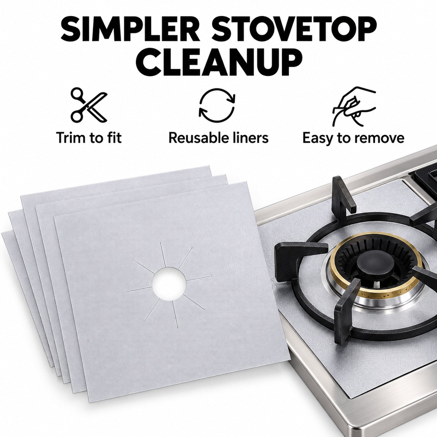 Reusable Gas Stove Burner Covers, Trim-to-Fit Nonstick Liners, 4, 8 or 12 Pack