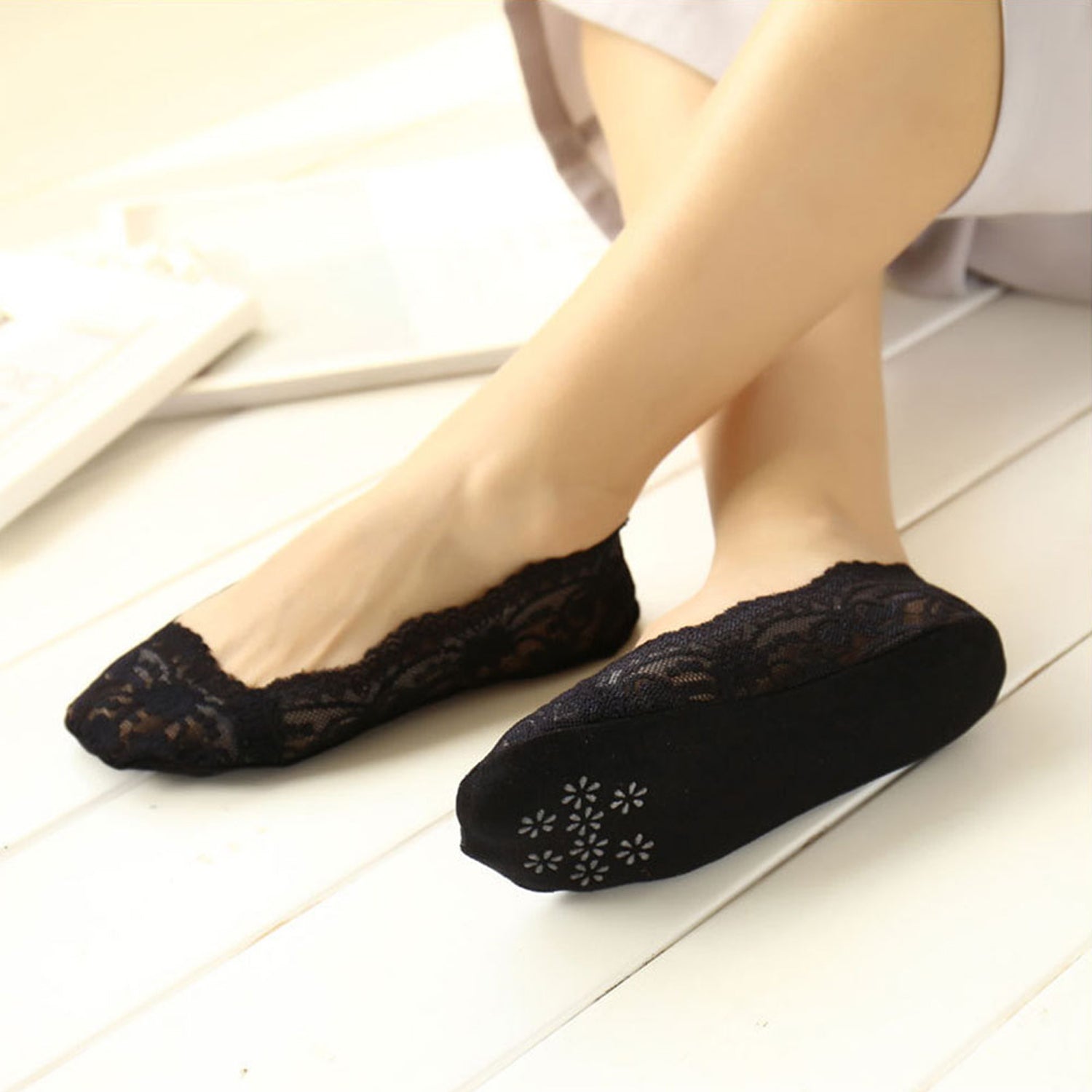 5-Pack No-Show Lace Footie Socks, Low-Cut Shoe Liners for Flats