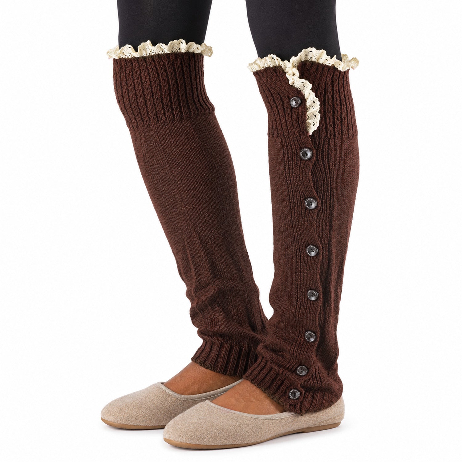 Button-Detail Knit Leg Warmers, Long Boot Cuffs for Cozy Layering