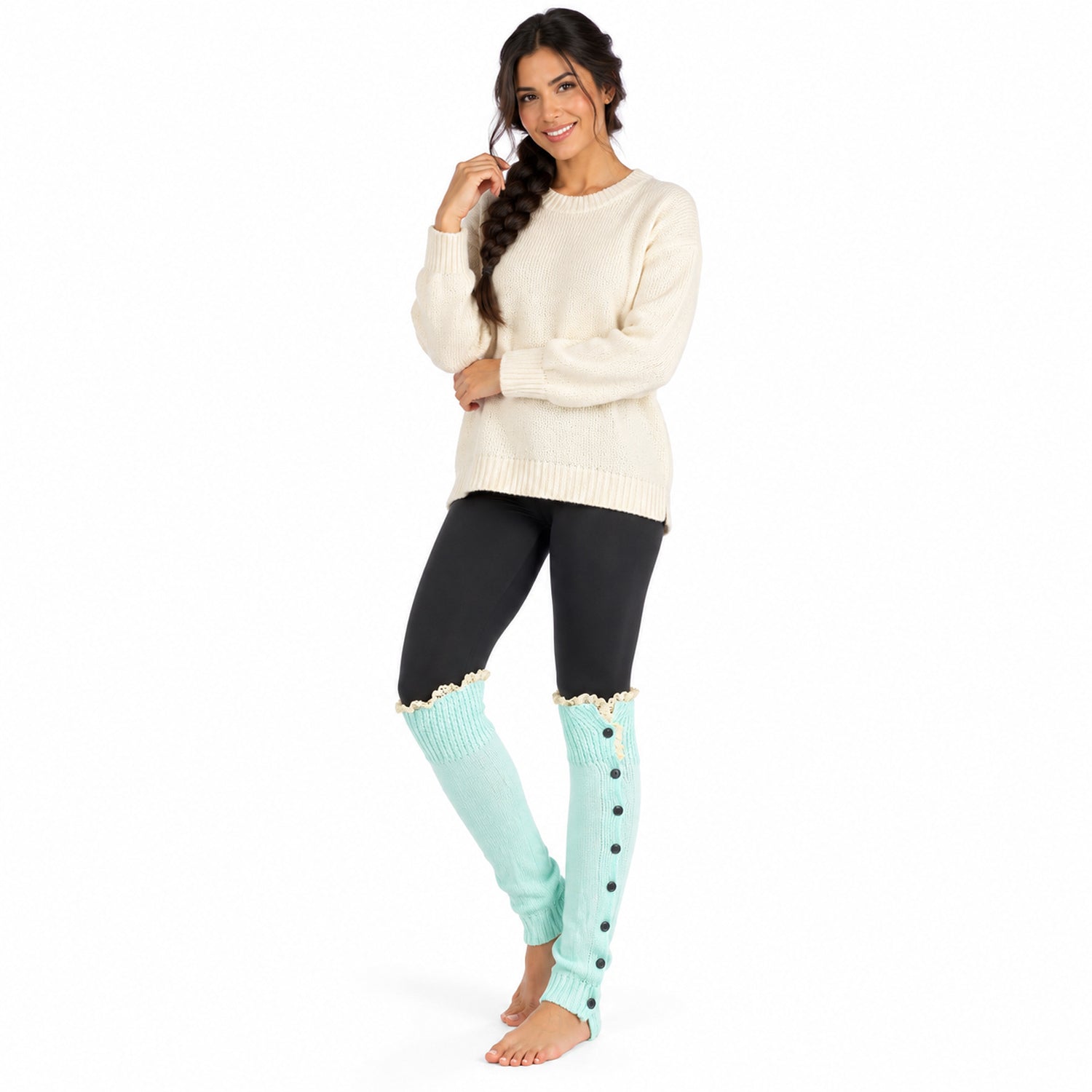 Button-Detail Knit Leg Warmers, Long Boot Cuffs for Cozy Layering