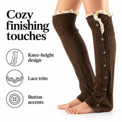 Button-Detail Knit Leg Warmers, Long Boot Cuffs for Cozy Layering