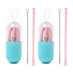 2-Pack Foldable Reusable Silicone Drinking Straws – BPA-Free, Portable with Case & Cleaning Brush (Gray & Pink)