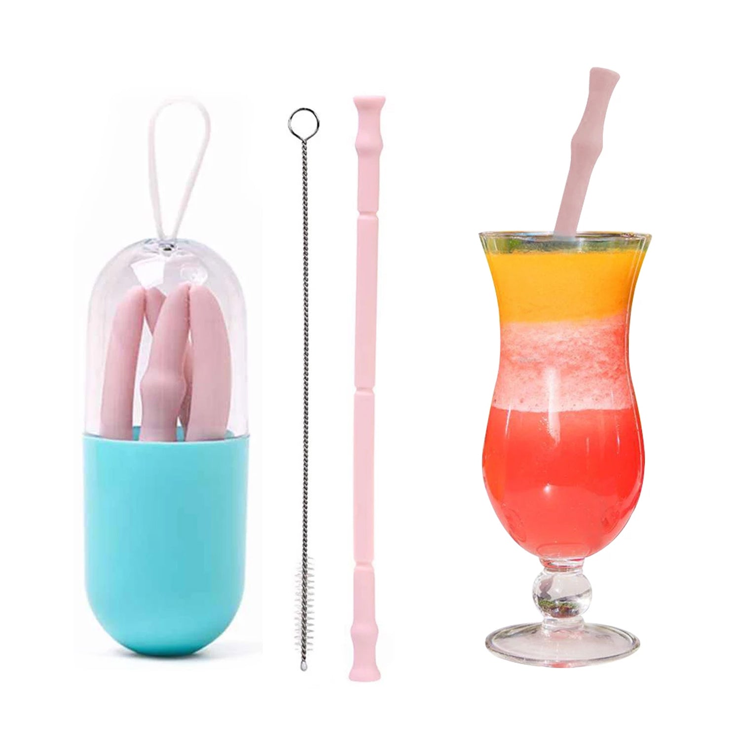 Reusable Silicone Straw with Travel Case & Cleaning Brush, Foldable Drinking Straw