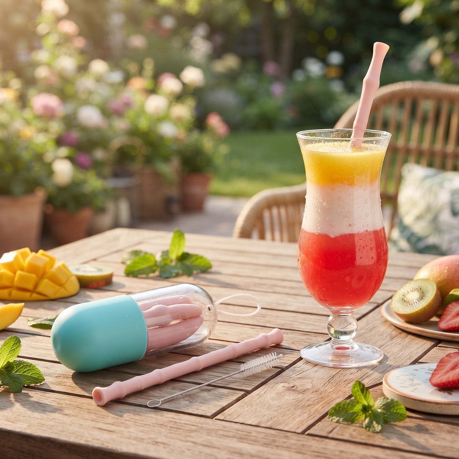 Reusable Silicone Straw with Travel Case & Cleaning Brush, Foldable Drinking Straw