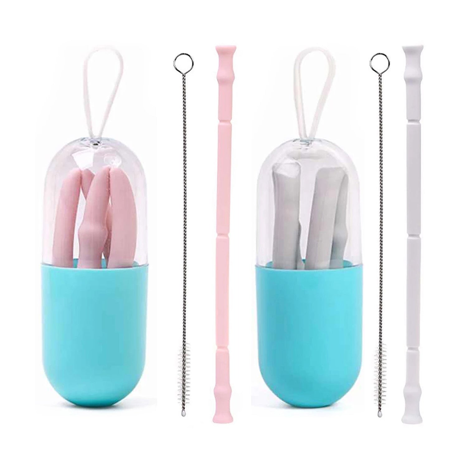 Reusable Silicone Straw with Travel Case & Cleaning Brush, Foldable Drinking Straw