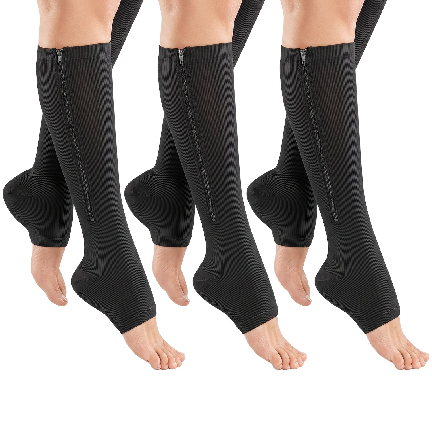 3-Pack Zip-Up Open-Toe Compression Socks, 10-20 mmHg Knee-High Support, Black, One Size