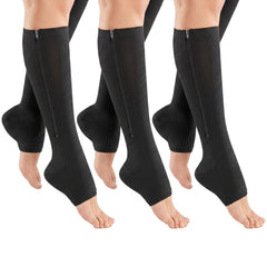 3-Pack Zip-Up Open-Toe Compression Socks, 10-20 mmHg Knee-High Support, Black, One Size