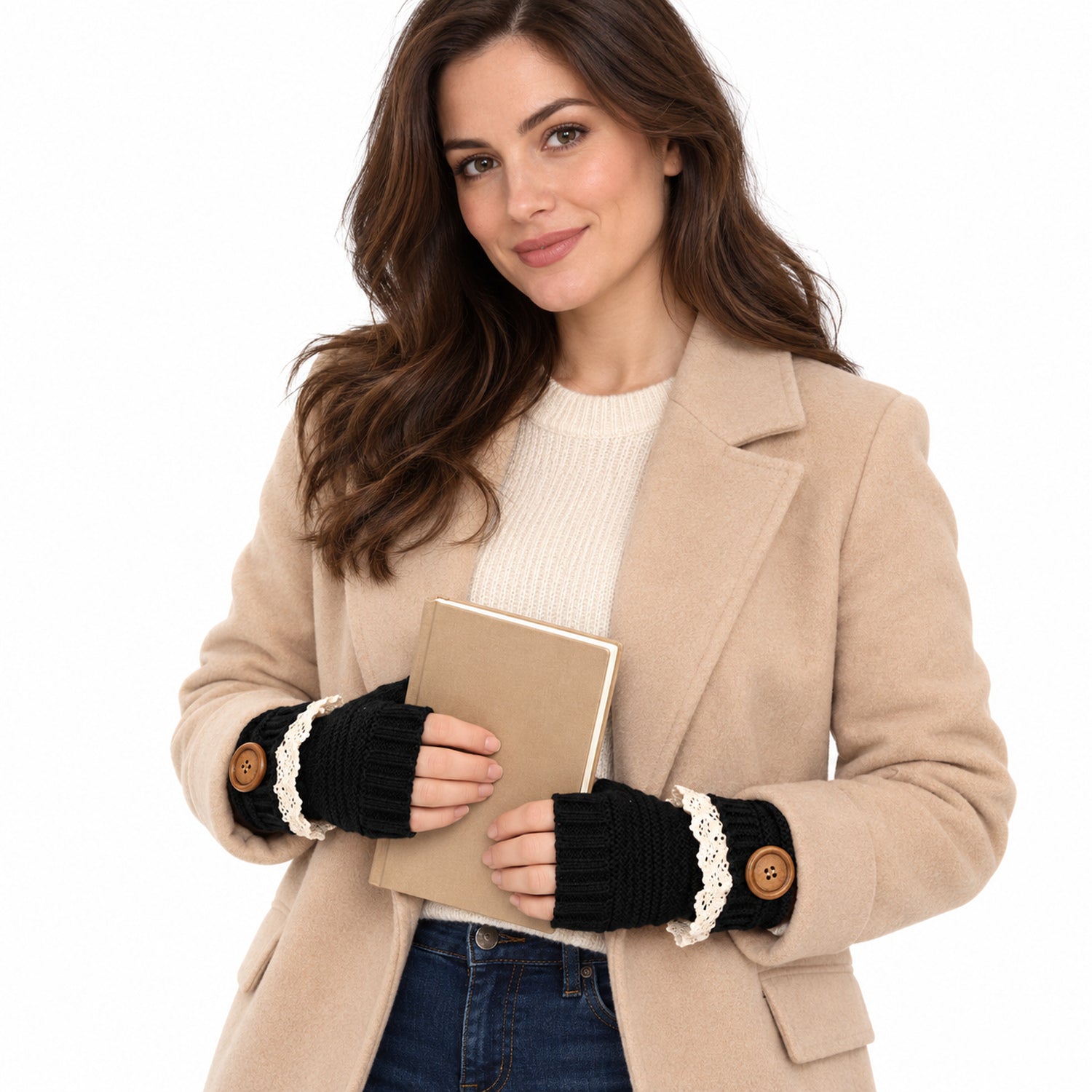 Fingerless Knit Mittens with Button Details, Cozy Winter Hand Warmers