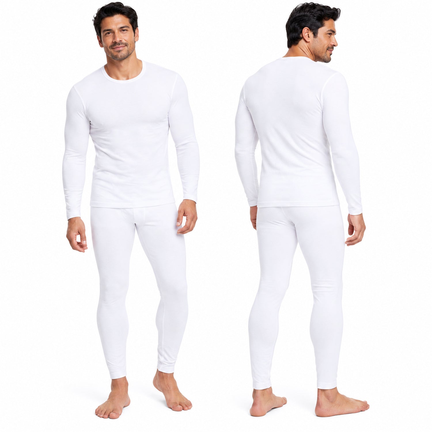 Men's Cotton-Blend Thermal Underwear Set, Long-Sleeve Base Layer Top & Bottoms, White