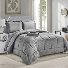 Ultimate 8-Piece Down Alternative Embossed Comforter Set with Sheets, Pillowcases and Shams – Ultra Soft Microfiber Bedding, Baffle Box Design, Dobby Stripe Finish – Queen & King Sizes, All-Season Cozy Vibes
