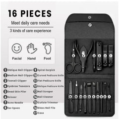 2-Pack Professional 16-Piece Manicure Pedicure Grooming Kit – Stainless Steel Nail Clippers Set with Facial Care Tools, Cuticle Trimmer, Eyebrow Scissors & Portable Travel Leather Case for Men & Women