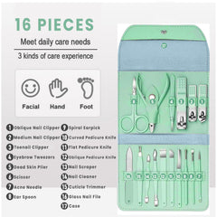 16-Piece Manicure Pedicure Grooming Kit – Stainless Steel Nail Care & Facial Tool Set with Portable Leather Travel Case for Men & Women