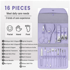 2-Pack Professional 16-Piece Manicure Pedicure Grooming Kit – Stainless Steel Nail Clippers Set with Facial Care Tools, Cuticle Trimmer, Eyebrow Scissors & Portable Travel Leather Case for Men & Women