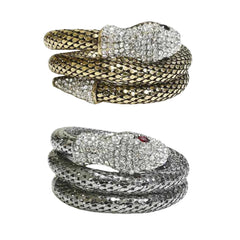 Crystal Snake Bracelet for Women – Adjustable Coiled Serpent Bangle with Rhinestone Pave & Black Crystal Eyes – Gold or Silver Tone Statement Jewelry