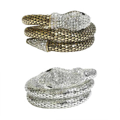 Crystal Snake Bracelet for Women – Adjustable Coiled Serpent Bangle with Rhinestone Pave & Black Crystal Eyes – Gold or Silver Tone Statement Jewelry
