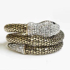 Crystal Snake Bracelet for Women – Adjustable Coiled Serpent Bangle with Rhinestone Pave & Black Crystal Eyes – Gold or Silver Tone Statement Jewelry