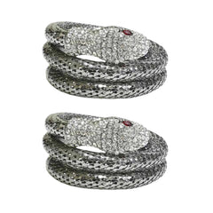 Crystal Snake Bracelet for Women – Adjustable Coiled Serpent Bangle with Rhinestone Pave & Black Crystal Eyes – Gold or Silver Tone Statement Jewelry