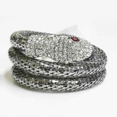 Crystal Snake Bracelet for Women – Adjustable Coiled Serpent Bangle with Rhinestone Pave & Black Crystal Eyes – Gold or Silver Tone Statement Jewelry