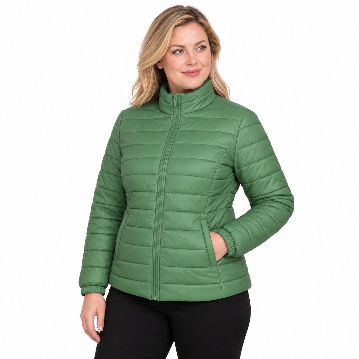 Women's Lightweight Puffer Jacket, Down-Blend Fill with Zip Pockets, 2XL