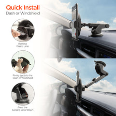 3-in-1 Phone Mount Kit – Vent, Dashboard & Windshield Mount with Silicone Cradle Grip, Swivel Ball, and 8-Inch Telescopic Suction Base – Black