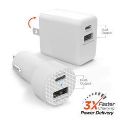 20W USB-C Power Delivery Charger Bundle – Fast Wall Charger & Fast Car Charger Set with USB-C PD and USB-A Ports for iPhone, Samsung, iPad & Android Devices
