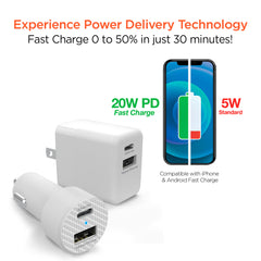 20W USB-C Power Delivery Charger Bundle – Fast Wall Charger & Fast Car Charger Set with USB-C PD and USB-A Ports for iPhone, Samsung, iPad & Android Devices