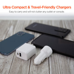 20W USB-C Power Delivery Charger Bundle – Fast Wall Charger & Fast Car Charger Set with USB-C PD and USB-A Ports for iPhone, Samsung, iPad & Android Devices