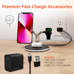 MaxCharge 3-in-1 Magnetic Wireless Charging Stand – MagSafe-Compatible 15W Fast Charger for iPhone, AirPods Charging Pad & Apple Watch Charger Mount with LED Touch Control | Black