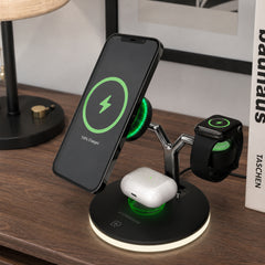 MaxCharge 3-in-1 Magnetic Wireless Charging Stand – MagSafe-Compatible 15W Fast Charger for iPhone, AirPods Charging Pad & Apple Watch Charger Mount with LED Touch Control | Black