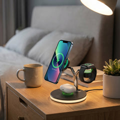 MaxCharge 3-in-1 Magnetic Wireless Charging Stand – MagSafe-Compatible 15W Fast Charger for iPhone, AirPods Charging Pad & Apple Watch Charger Mount with LED Touch Control | Black