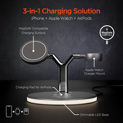 MaxCharge 3-in-1 Magnetic Wireless Charging Stand – MagSafe-Compatible 15W Fast Charger for iPhone, AirPods Charging Pad & Apple Watch Charger Mount with LED Touch Control | Black