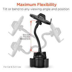 Cup Holder Flex Universal Phone Mount – Adjustable Car Cup Holder Phone Holder with 9.5-Inch Flexible Gooseneck, 360° Rotation & Expandable Base for iPhone and Android Phones