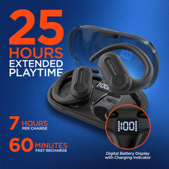 AeroFlex 360 Open-Ear True Wireless Earbuds – Bluetooth 5.3 Wireless Earbuds with Ear Hooks, 25-Hour Playtime, Noise-Filtering Mics, IPX4 Sweatproof Design & Charging Case | Black