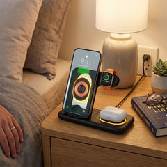 4-in-1 Foldable Wireless Charging Station with 15W Fast Charging – Wireless Charger Stand for iPhone, Apple Watch, AirPods & USB Devices – Portable Travel Charging Dock with LED Lights
