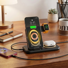 4-in-1 Foldable Wireless Charging Station with 15W Fast Charging – Wireless Charger Stand for iPhone, Apple Watch, AirPods & USB Devices – Portable Travel Charging Dock with LED Lights
