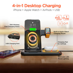 4-in-1 Foldable Wireless Charging Station with 15W Fast Charging – Wireless Charger Stand for iPhone, Apple Watch, AirPods & USB Devices – Portable Travel Charging Dock with LED Lights